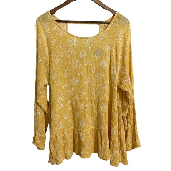 Daytrip Womens Yellow Abstract Dot Keyhole Back Long Sleeve Boho Blouse Medium - Picture 1 of 8